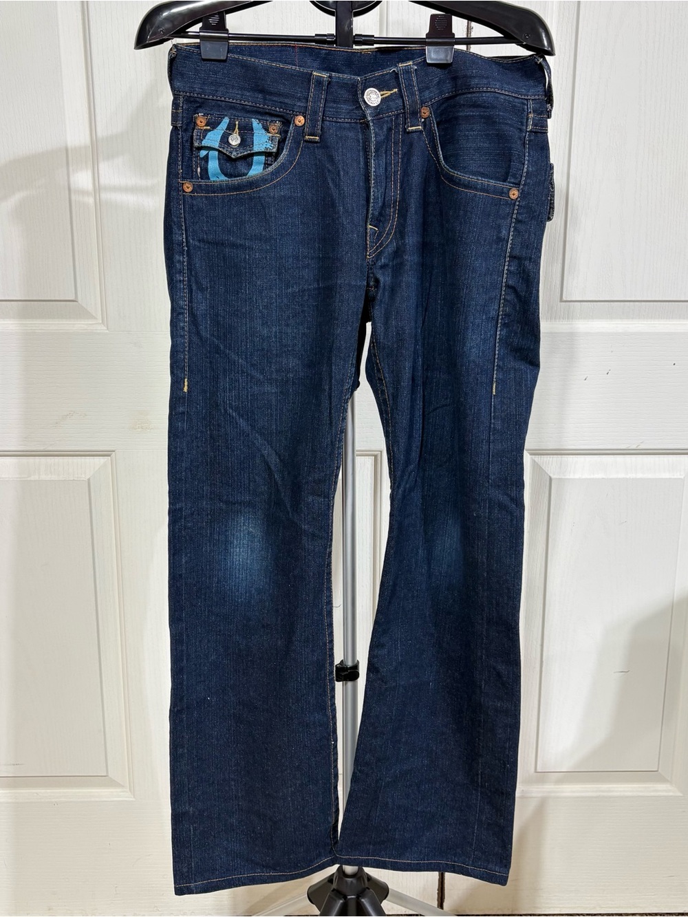 True Religion Painted Horseshoe Log Flap Pocket Dark Wash Y2K Streetwear Sz 30